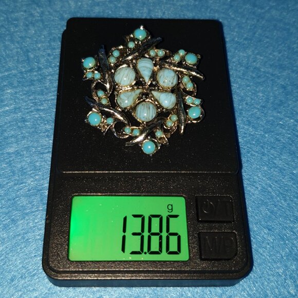 Vintage 1970s Turquoise Marbled Art Glass Pinwheel Floral Silver-Tone Brooch - Picture 11 of 11